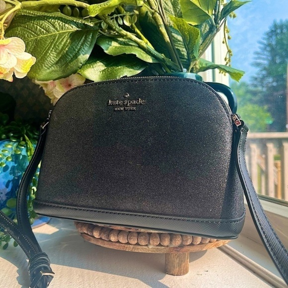 Kate Spade Black Glitter Crossbody Bag Saffiano Trim Adjustable Strap NWT